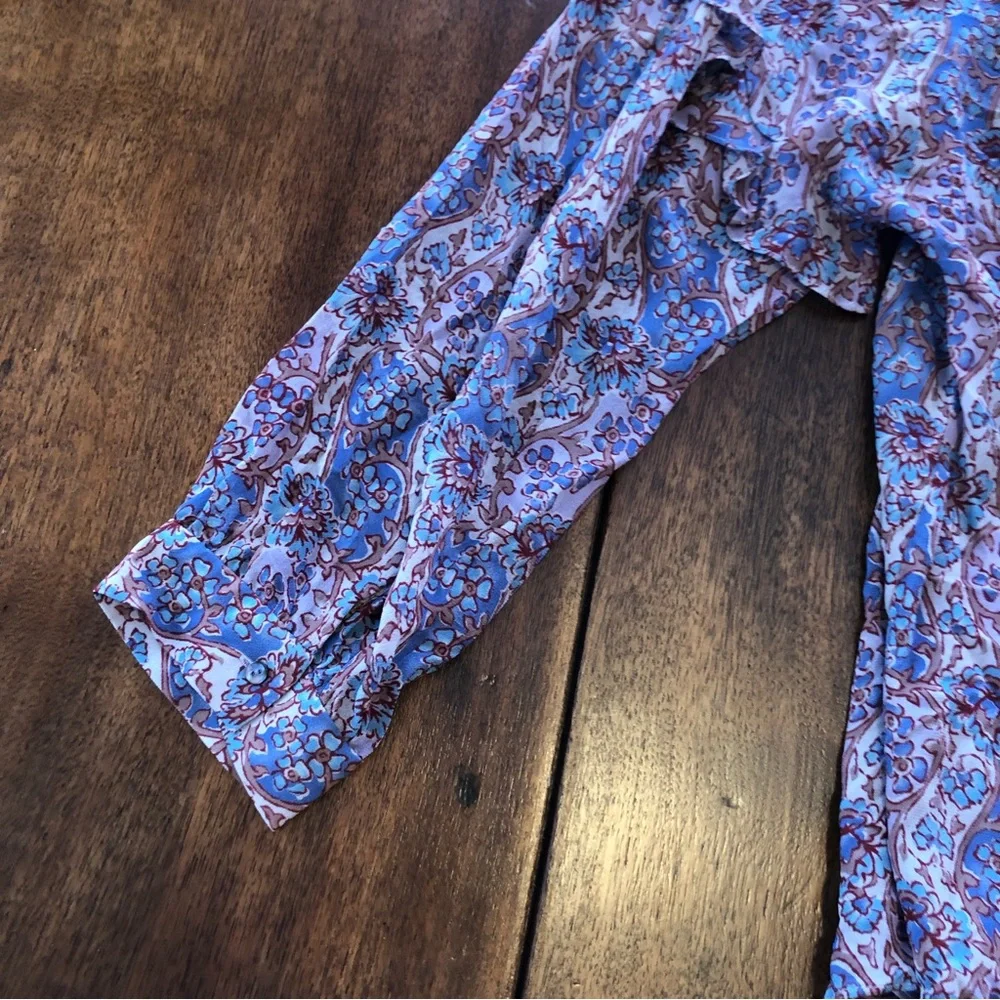 Frye purple floral long sleeve ruffle v neck blouse sheer boho tunic peasant - Picture 6 of 11